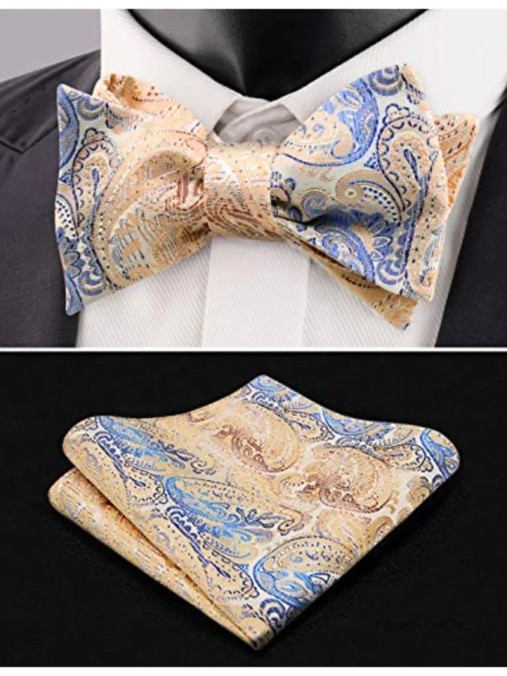 Mens Paisley Jacquard Bow Tie and Pocket Square Set Adjustable